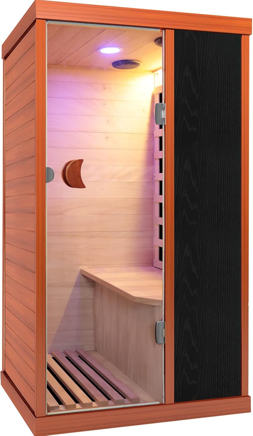 OUTEXER 1‑Person Indoor Infrared Sauna with Canadian Tempered Wood & Low EMF Carbon Panels, Bluetooth & Chromotherapy