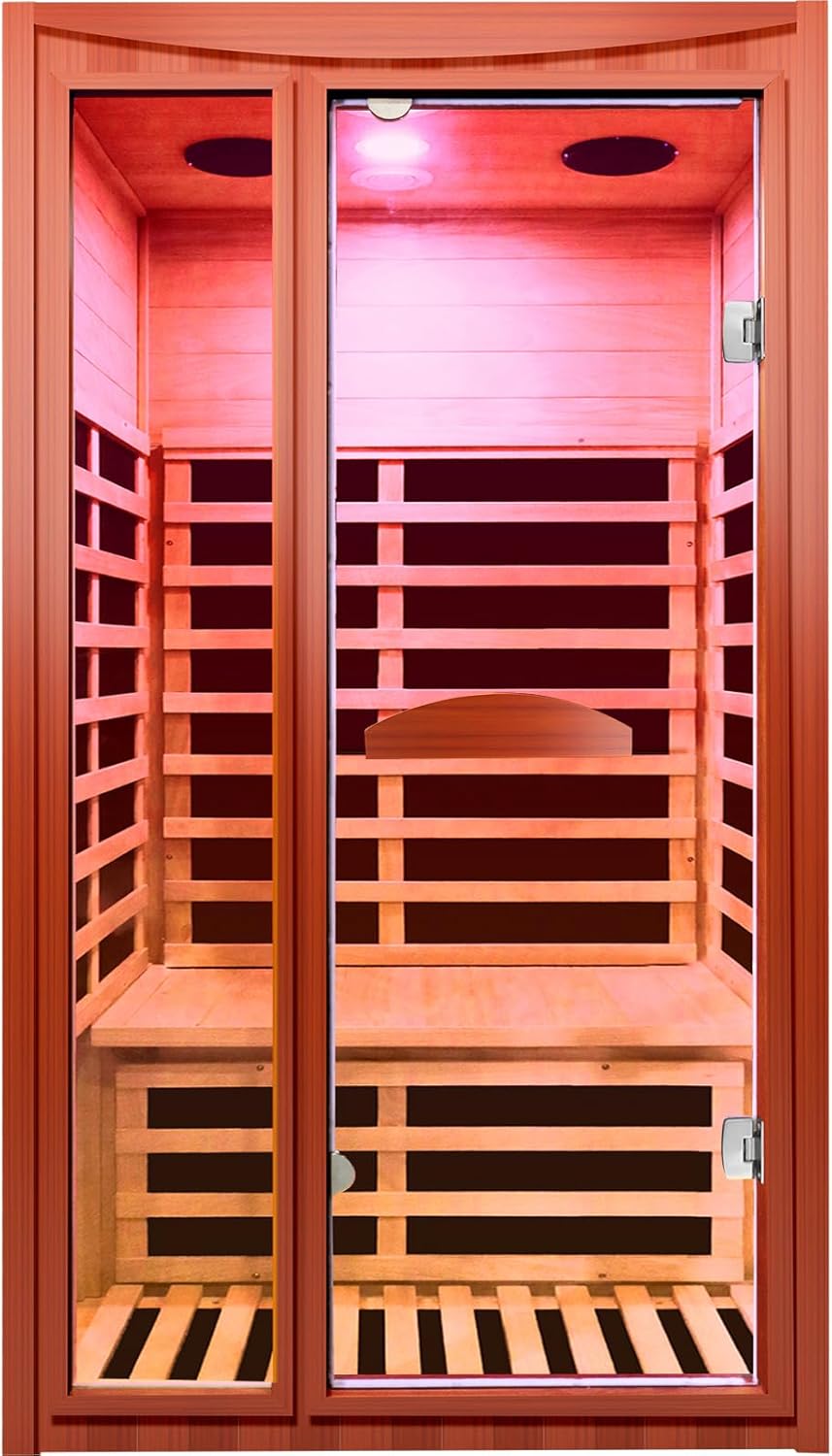 OUTEXER Far Infrared Sauna – Low‑EMF, Canadian Hemlock Wood, Tempered Glass, 1550W Indoor Home Spa Sauna (1‑2 Person)