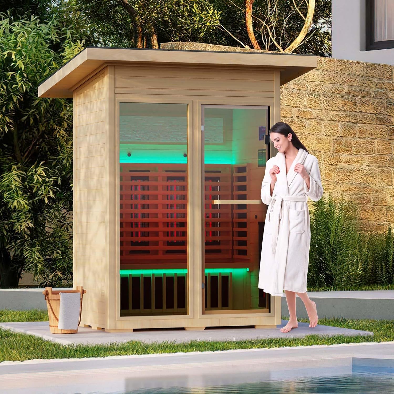 MEISSALIVVE Infrared Sauna, Full‑Spectrum Outdoor/Indoor Wooden Sauna Room for Home with Beauty Lamp