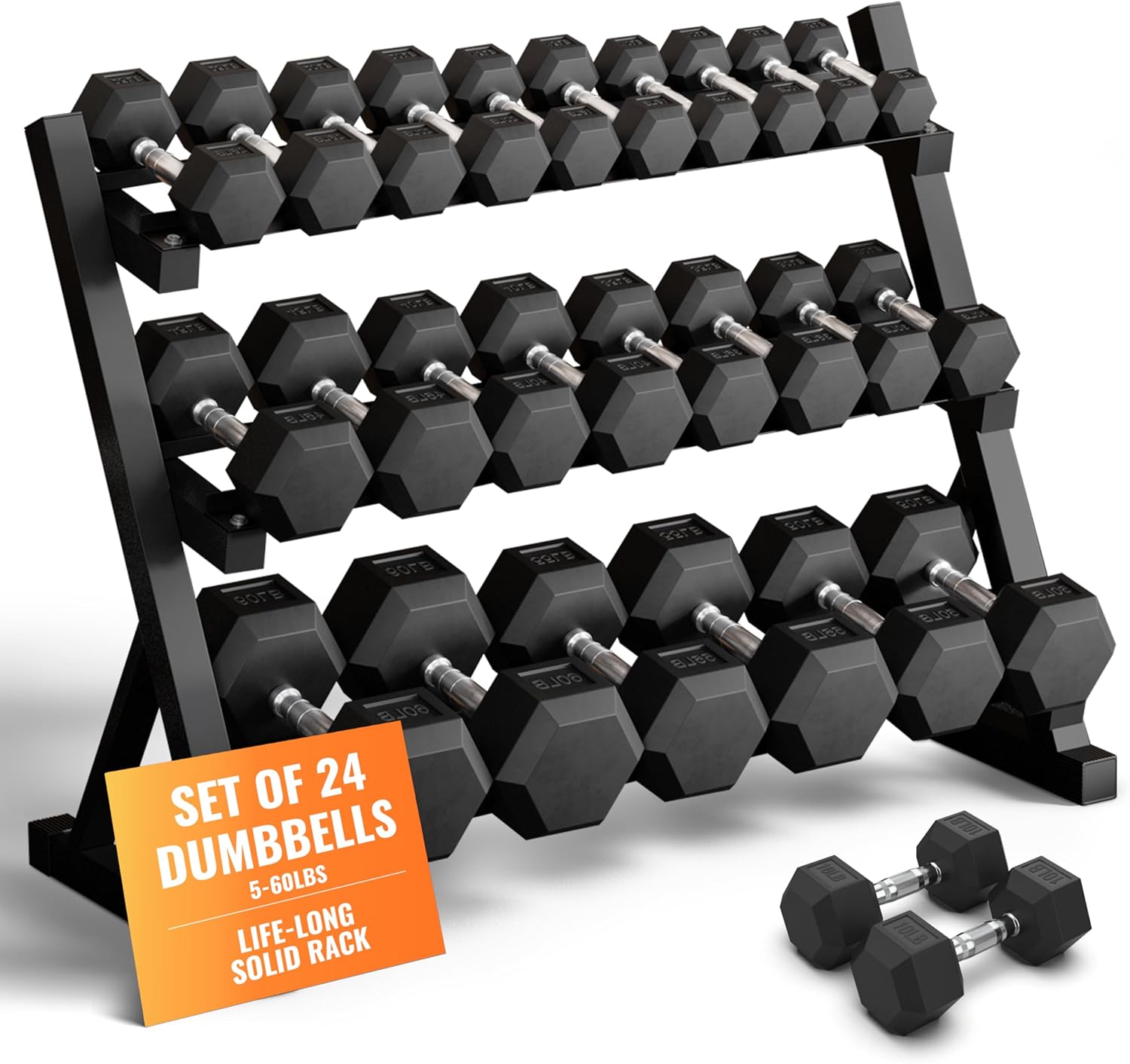 StrengthUSA Rubber Hex Dumbbell Set with Rack for Home Gym & Strength Training